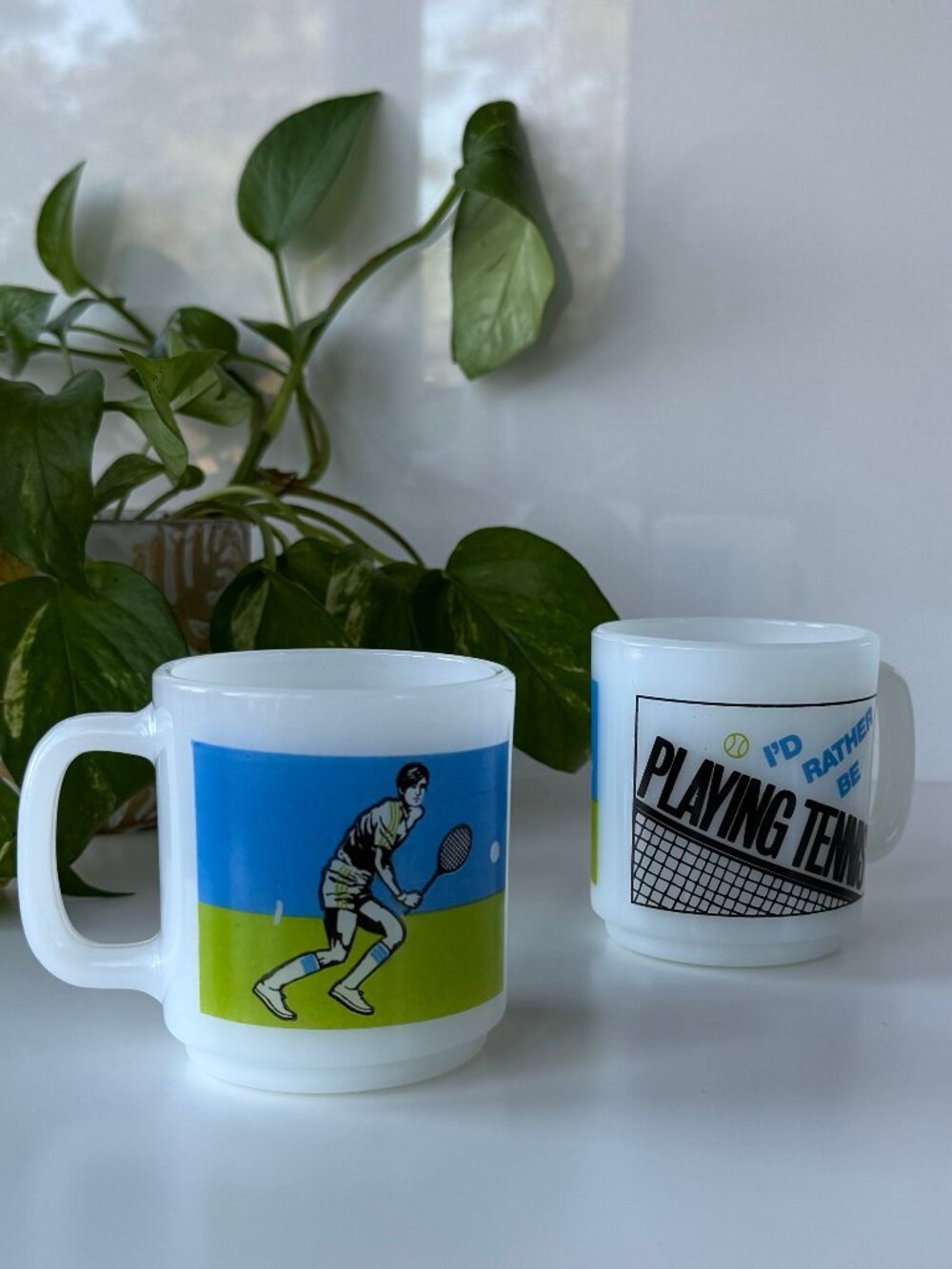 Vintage Glasbake Milk Glass "I'd Rather Be Playing Tennis" Coffee Mugs, Set of 2
